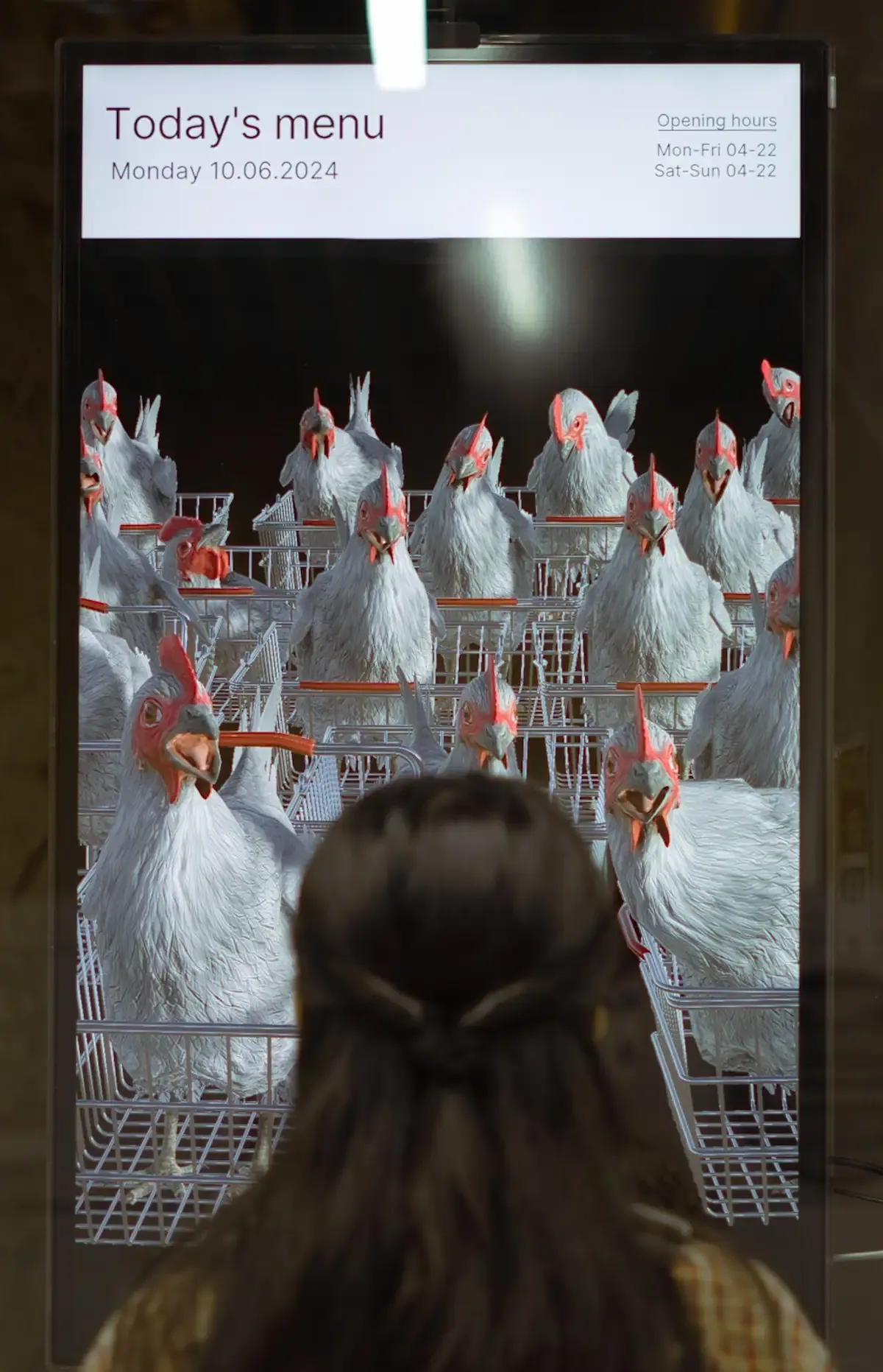 Many chicken on a monitor staring at a person.